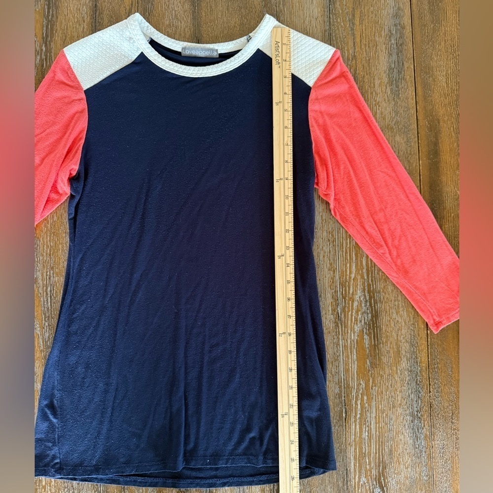 Loveappella Women’s Navy Blue/Pink Peach/White 3/4 Sleeve Shirt Size M - Picture 5 of 8